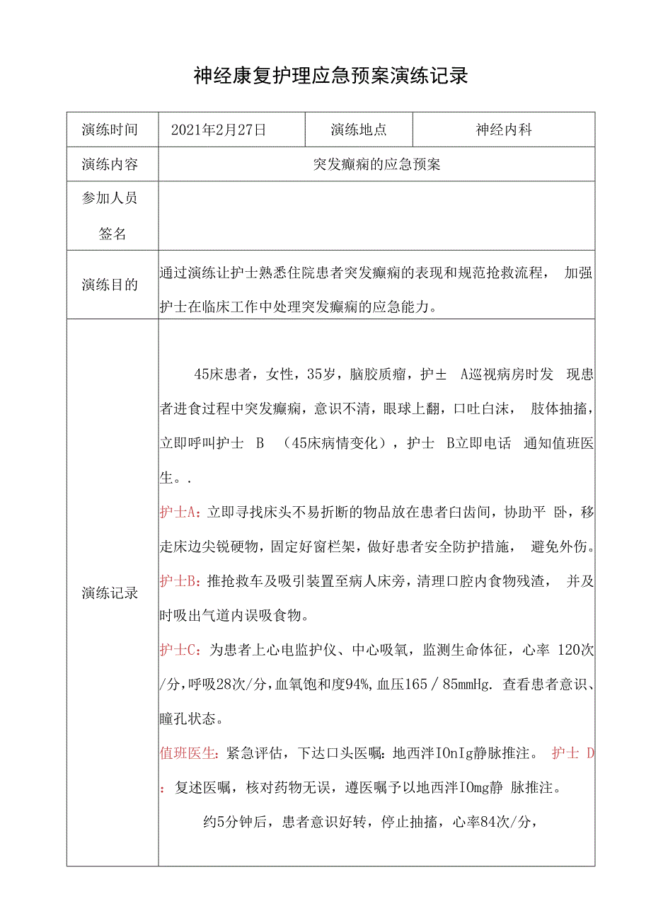 护理应急预案演练记录表(癫痫）.docx_第1页