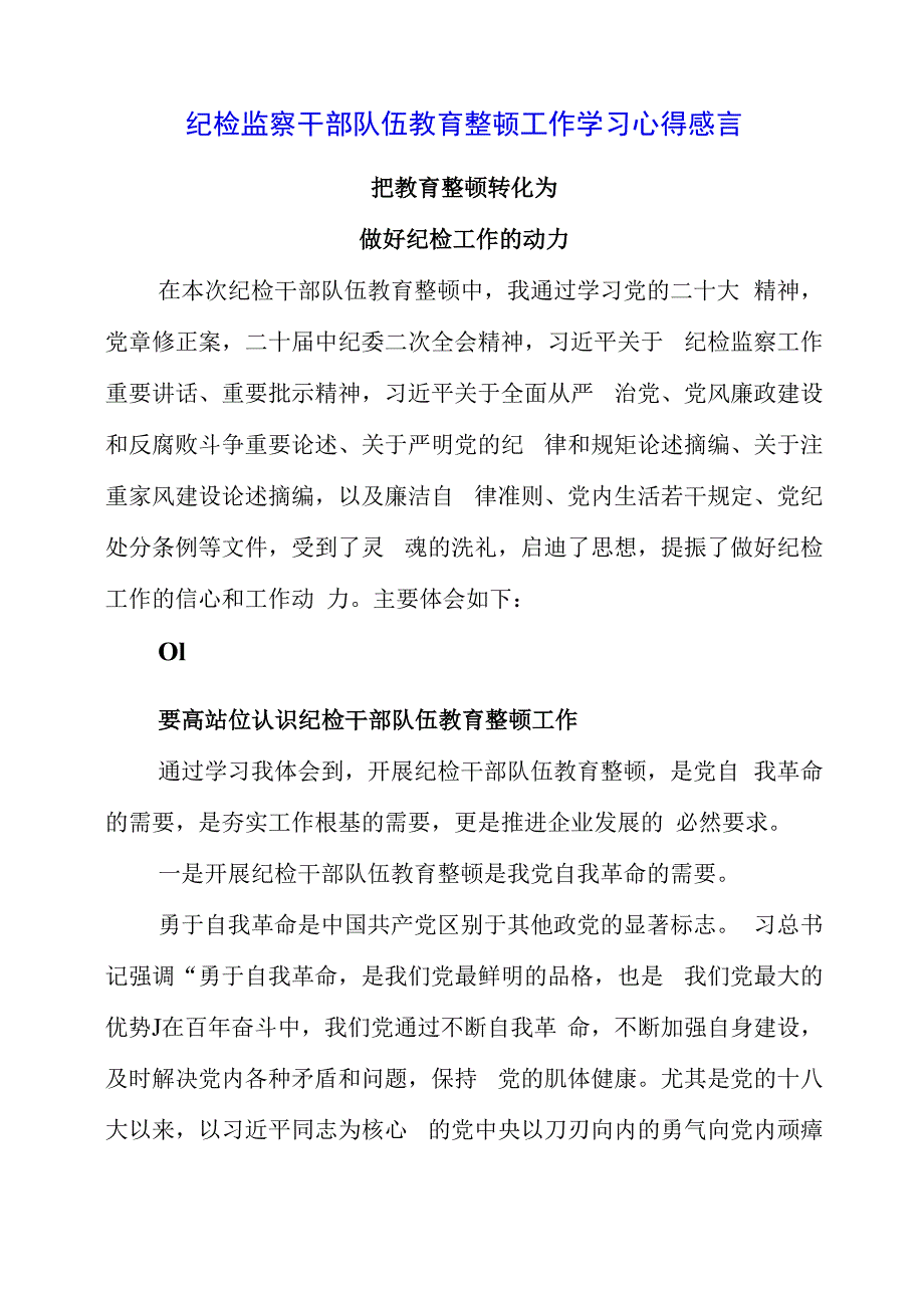 纪检监察干部队伍教育整顿工作学习心得感言.docx_第1页