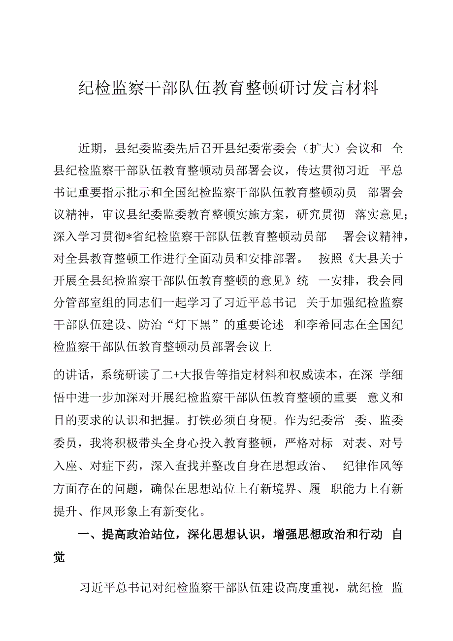 纪检监察干部队伍教育整顿研讨发言材料4篇.docx_第1页