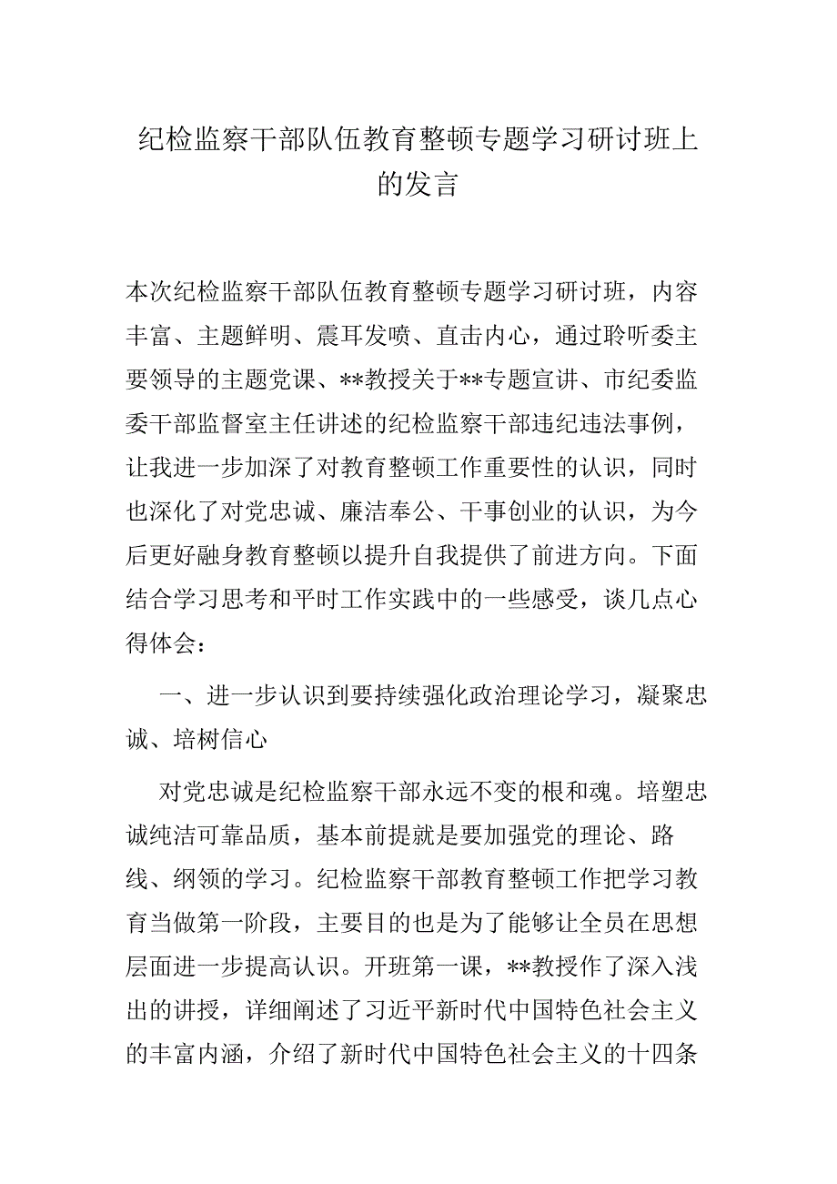 纪检监察干部队伍教育整顿专题学习研讨班上的发言.docx_第1页