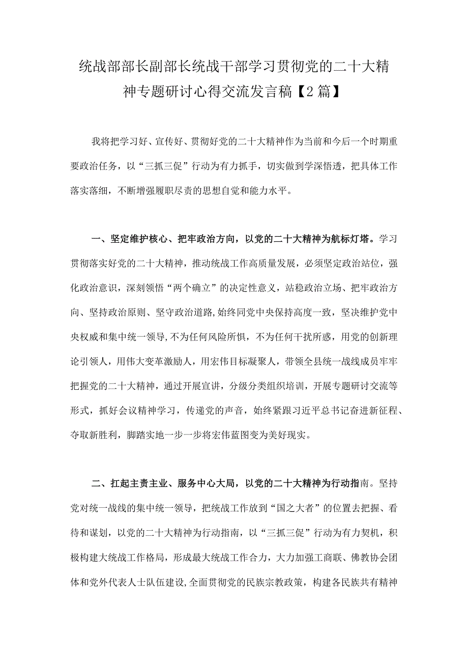 统战部部长副部长统战干部学习贯彻党的二十大精神专题研讨心得交流发言稿2篇.docx_第1页