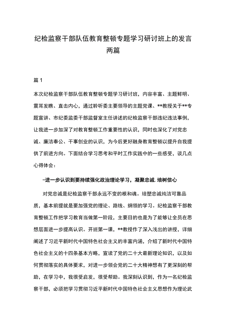 纪检监察干部队伍教育整顿专题学习研讨班上的发言两篇.docx_第1页