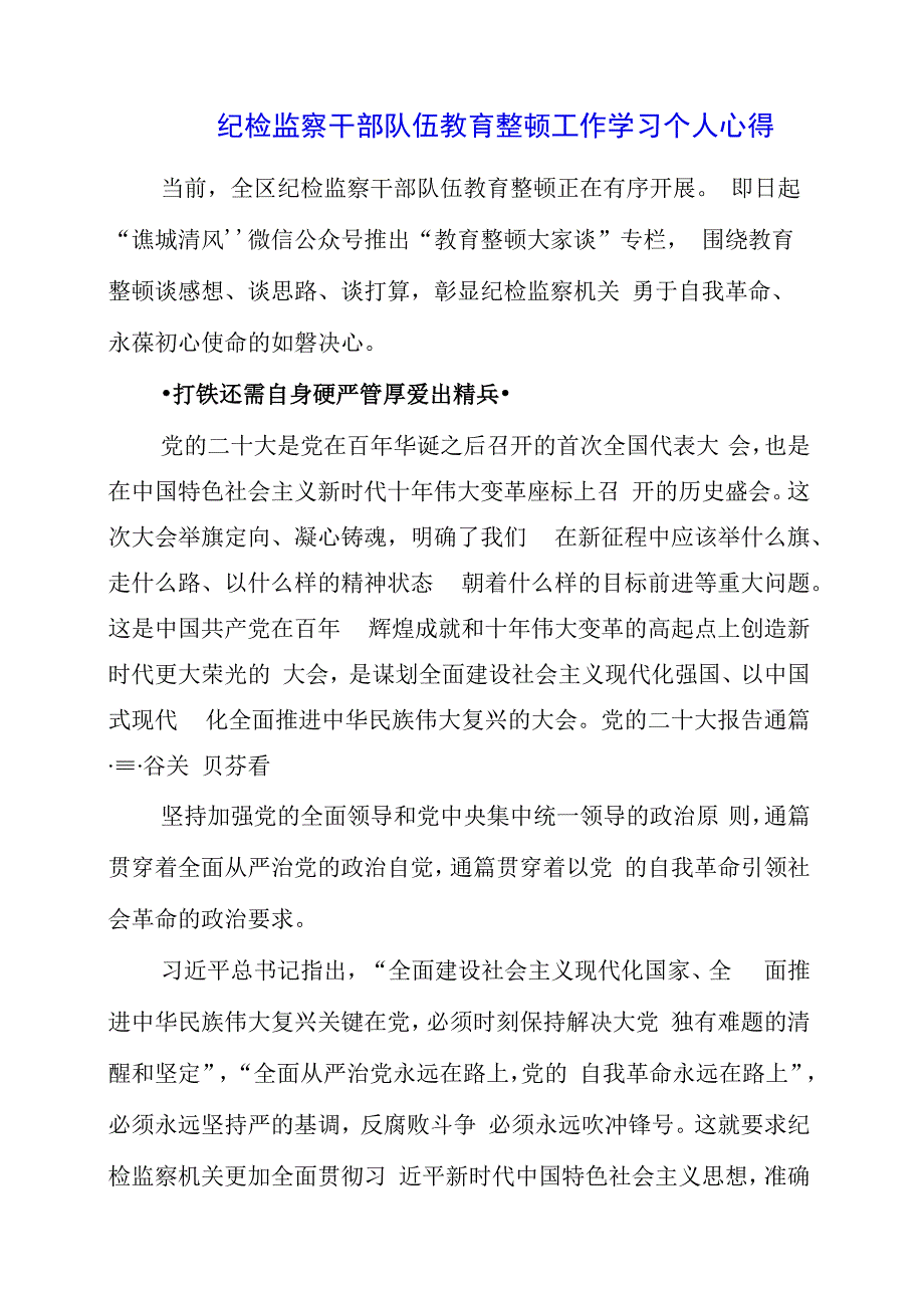 纪检监察干部队伍教育整顿工作学习个人心得.docx_第1页