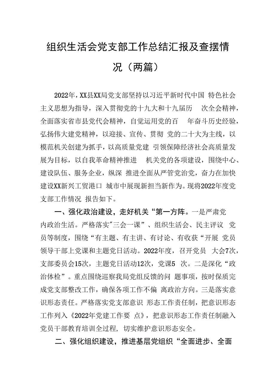 组织生活会党支部工作总结汇报及查摆情况（两篇）.docx_第1页