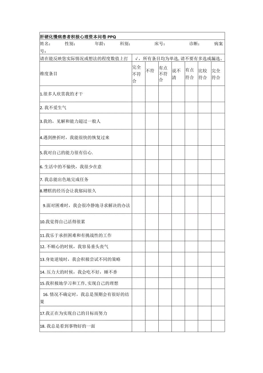 肝硬化慢病患者积极心理资本问卷PPQ.docx_第1页