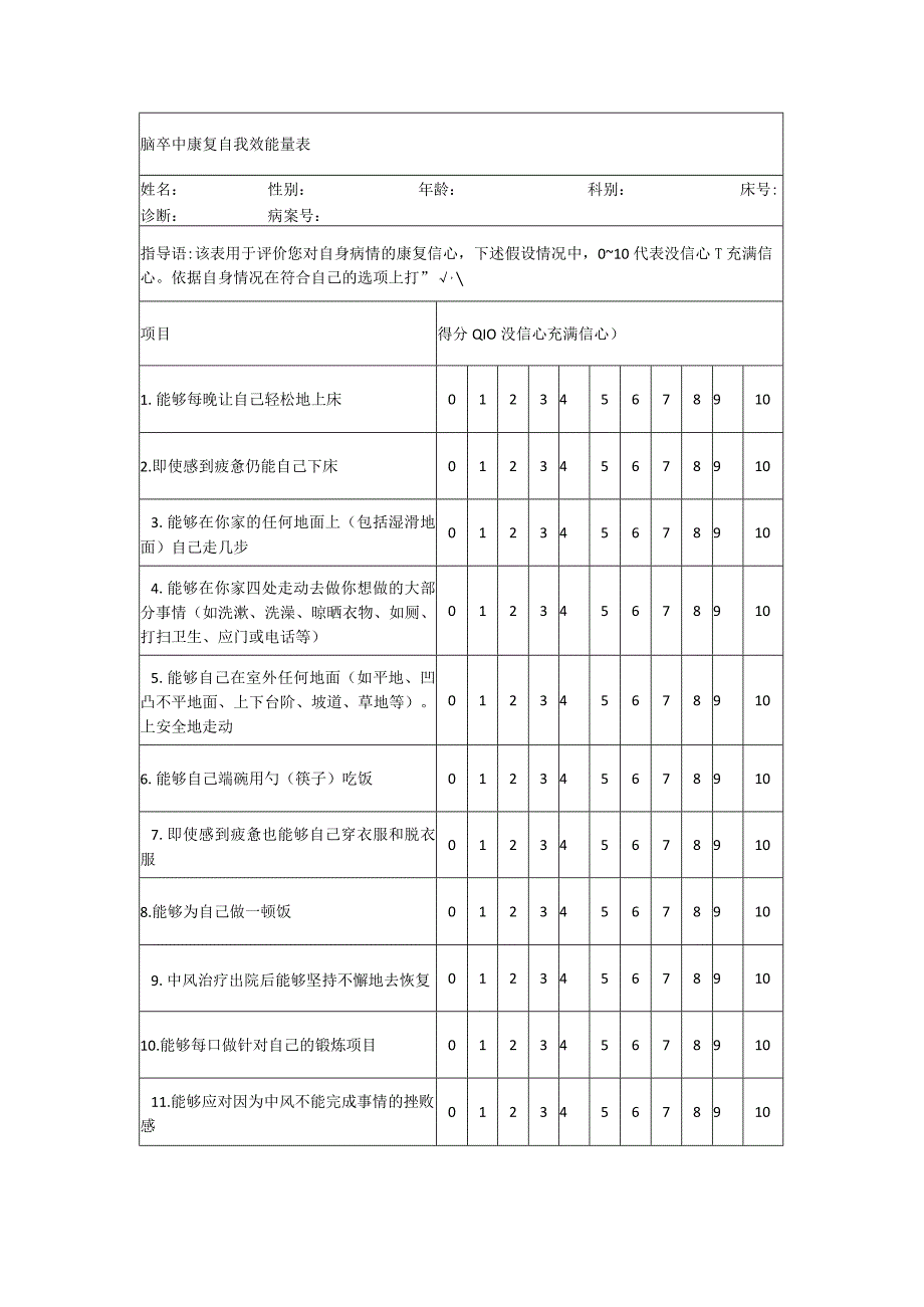 脑卒中康复自我效能量表.docx_第1页