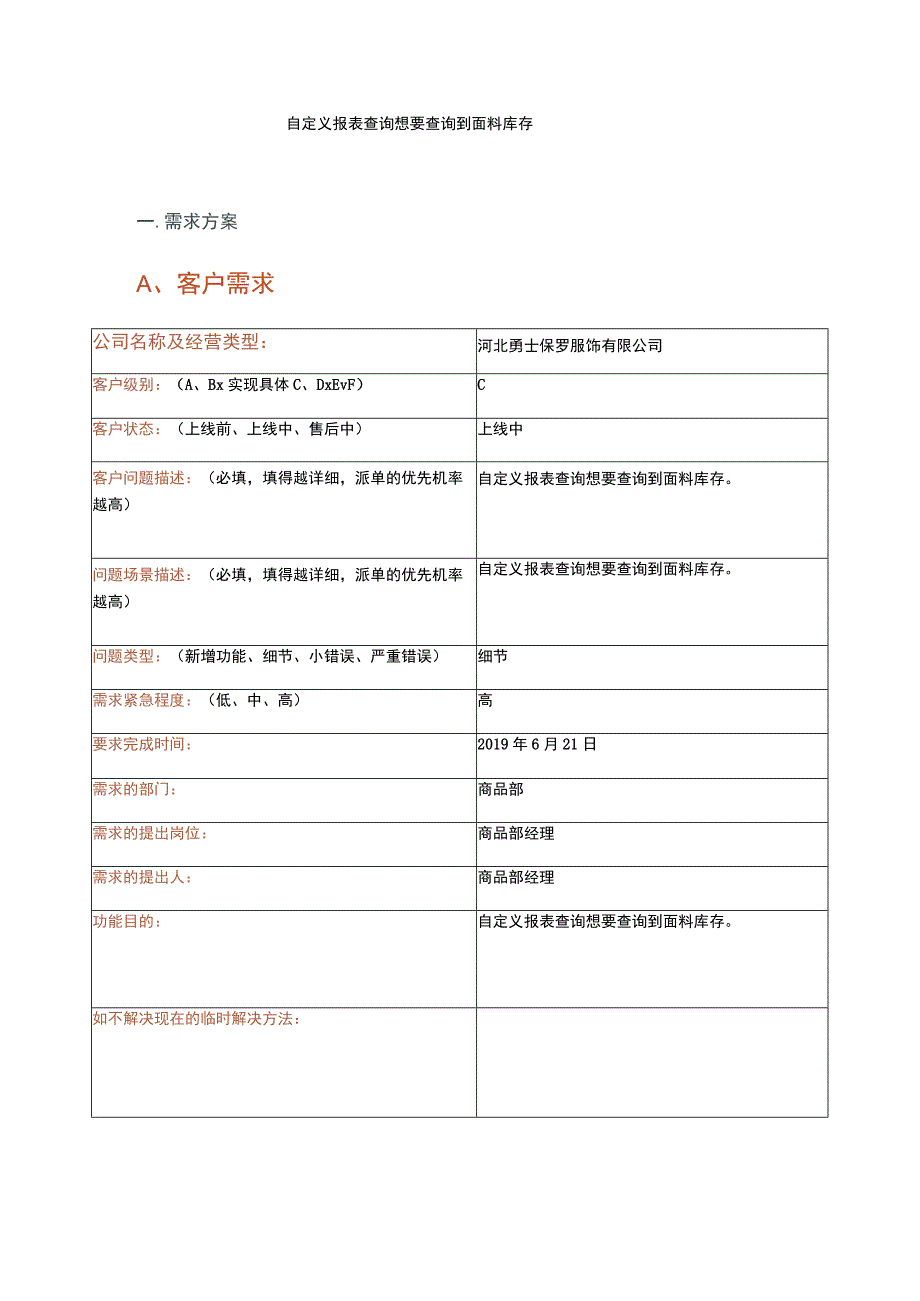 自定义报表查询想要查询到面料库存一．需求方案.docx_第1页