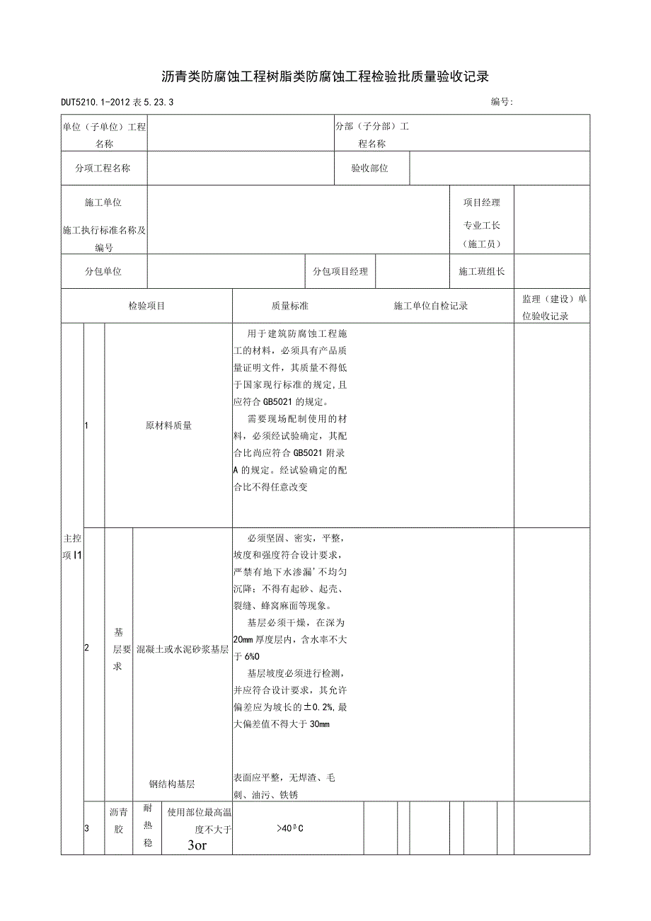 表5233沥青类防腐蚀工程树脂类防腐蚀工程检验批质量验收记录.docx_第1页
