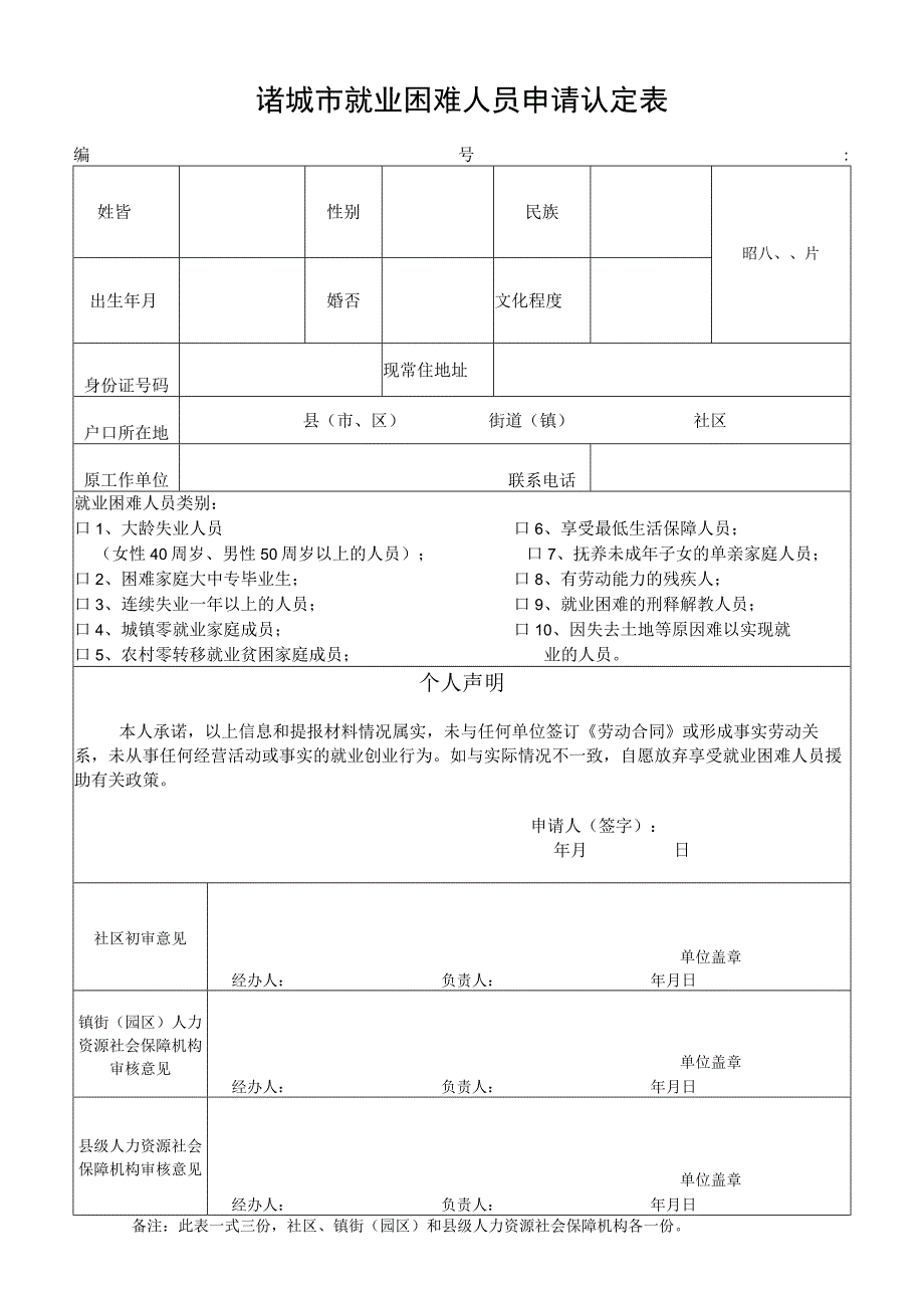 诸城市就业困难人员申请认定表.docx_第1页