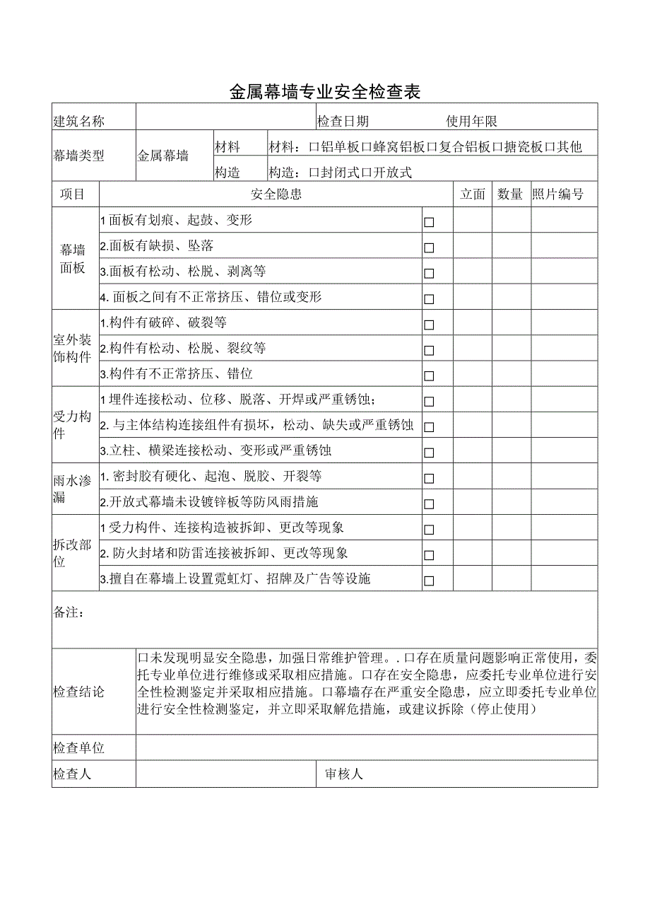 金属幕墙专业安全检查表.docx_第1页