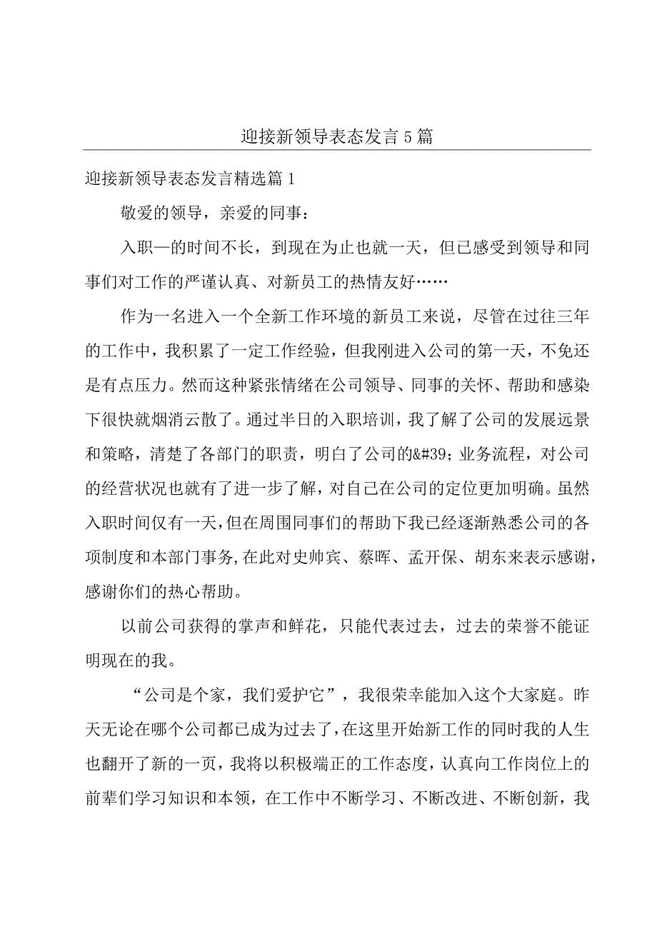 迎接新领导表态发言5篇.docx_第1页