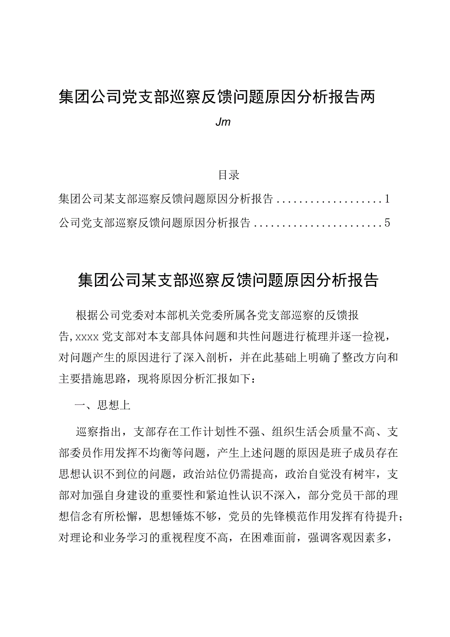 集团公司党支部巡察反馈问题原因分析报告两篇.docx_第1页