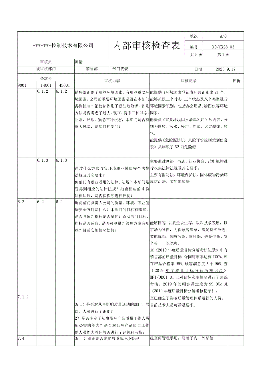 销售部内审检查表.docx_第1页