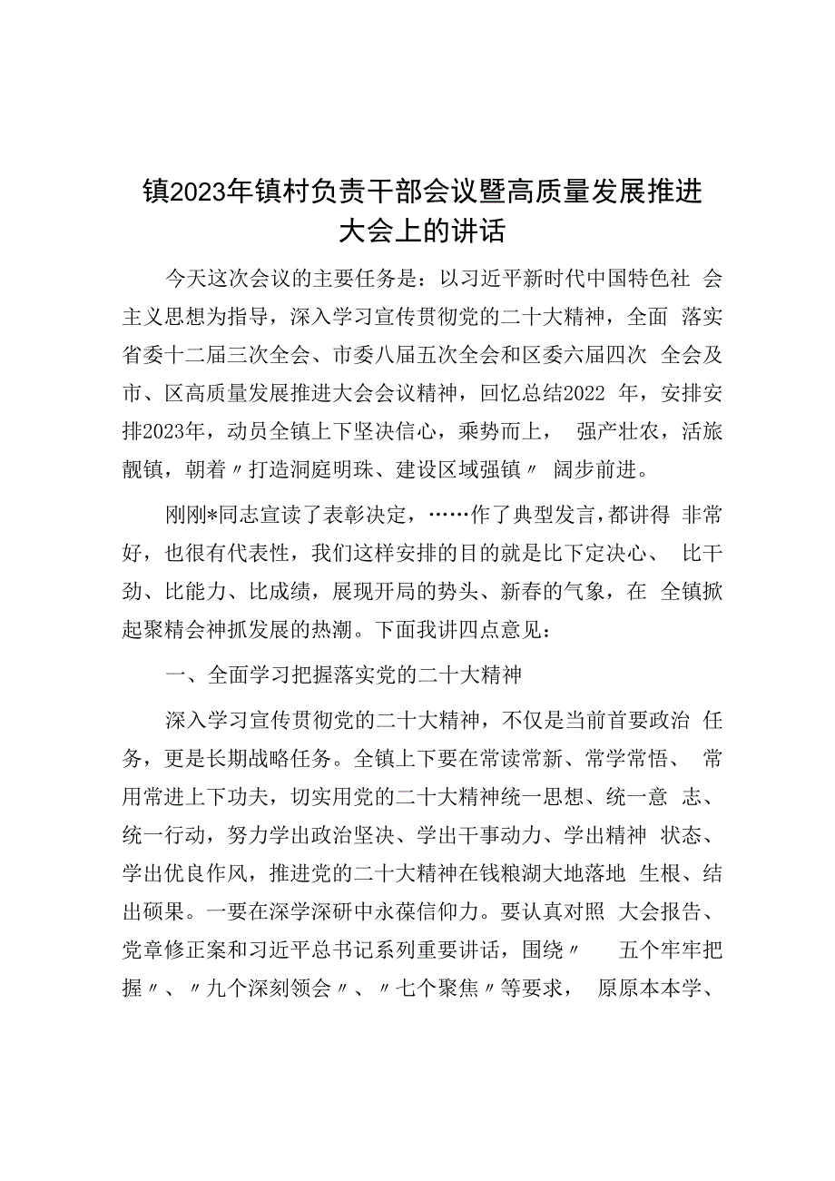 镇2023年镇村负责干部会议暨高质量发展推进大会上的讲话.docx_第1页