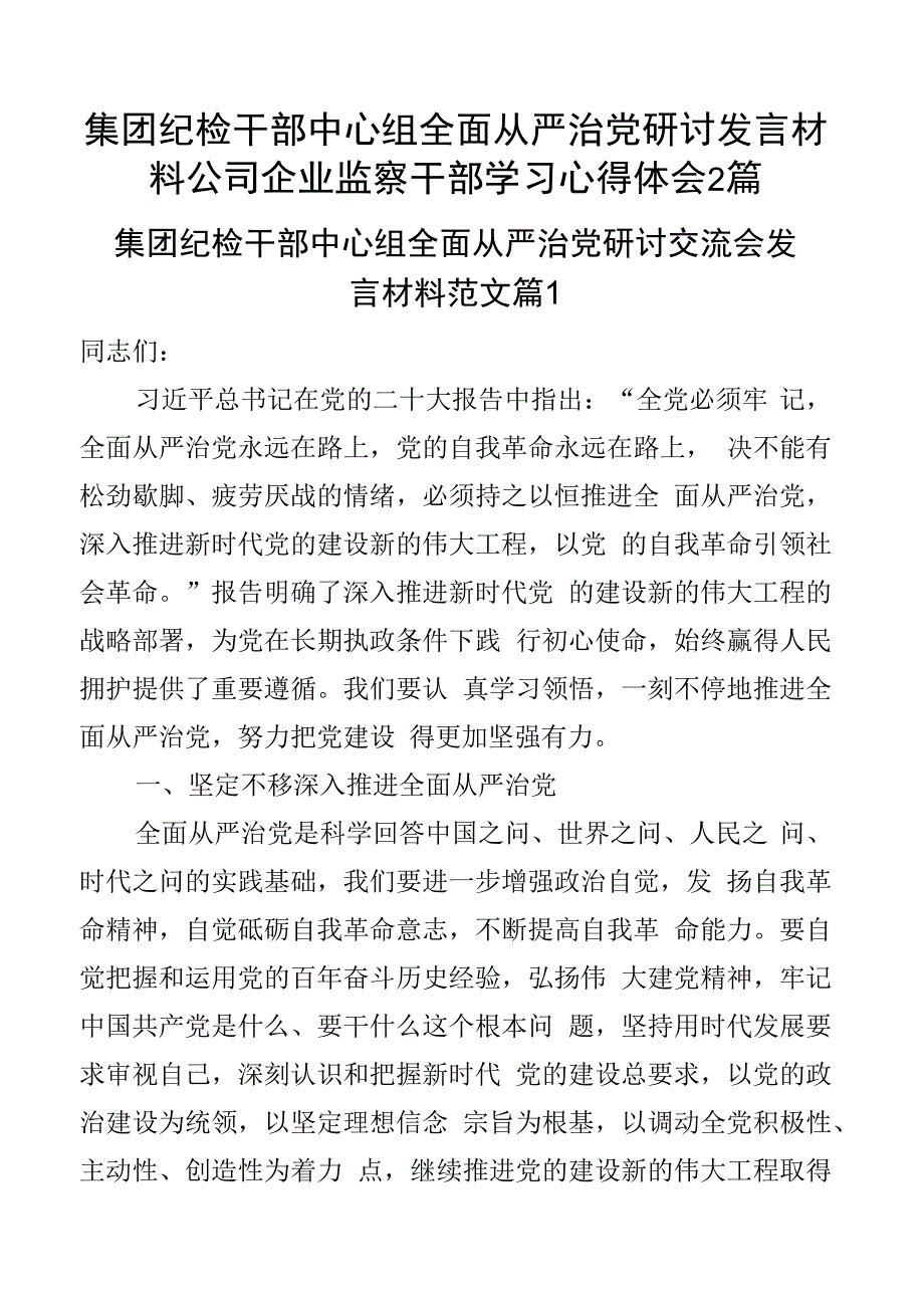 集团纪检干部中心组全面从严治党研讨发言材料公司企业监察干部学习心得体会2篇.docx_第1页