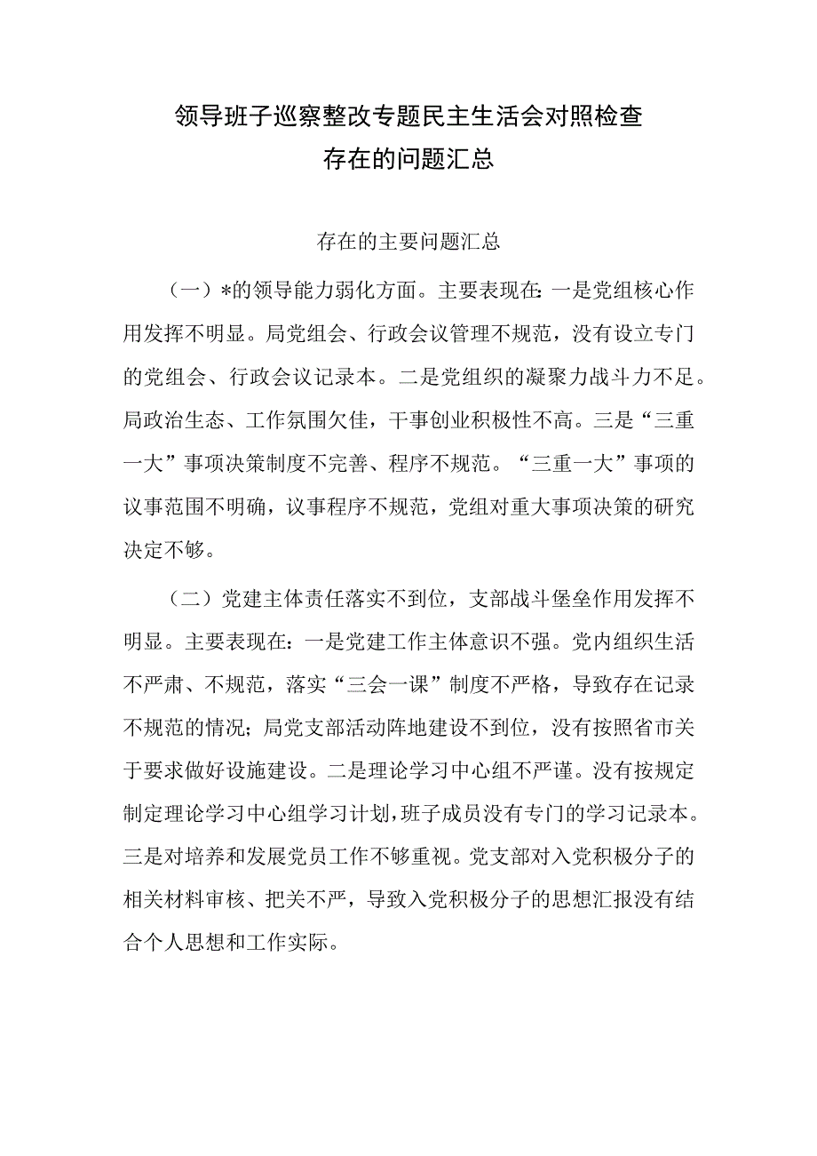 领导班子巡察整改专题民主生活会对照检查存在的问题汇总.docx_第1页