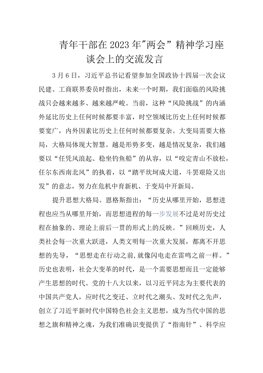 青年干部在2023年两会精神学习座谈会上的交流发言.docx_第1页