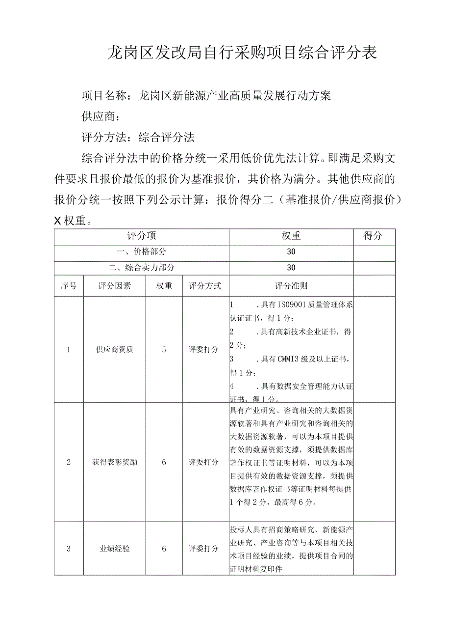 龙岗区发改局自行采购项目综合评分表.docx_第1页