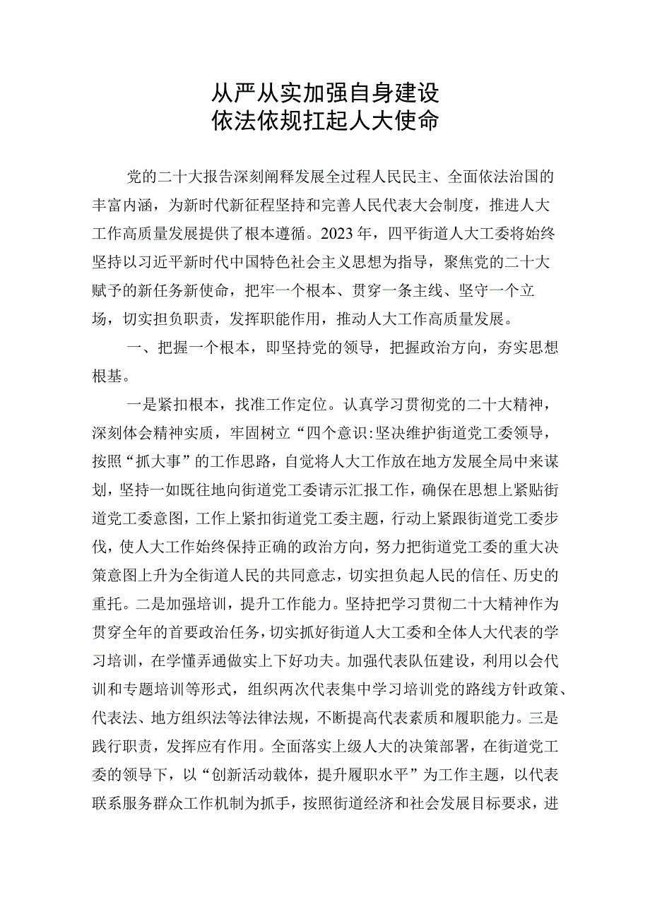 街道人大工委务虚会发言材料：从严从实加强自身建设依法依规扛起人大使命.docx_第1页