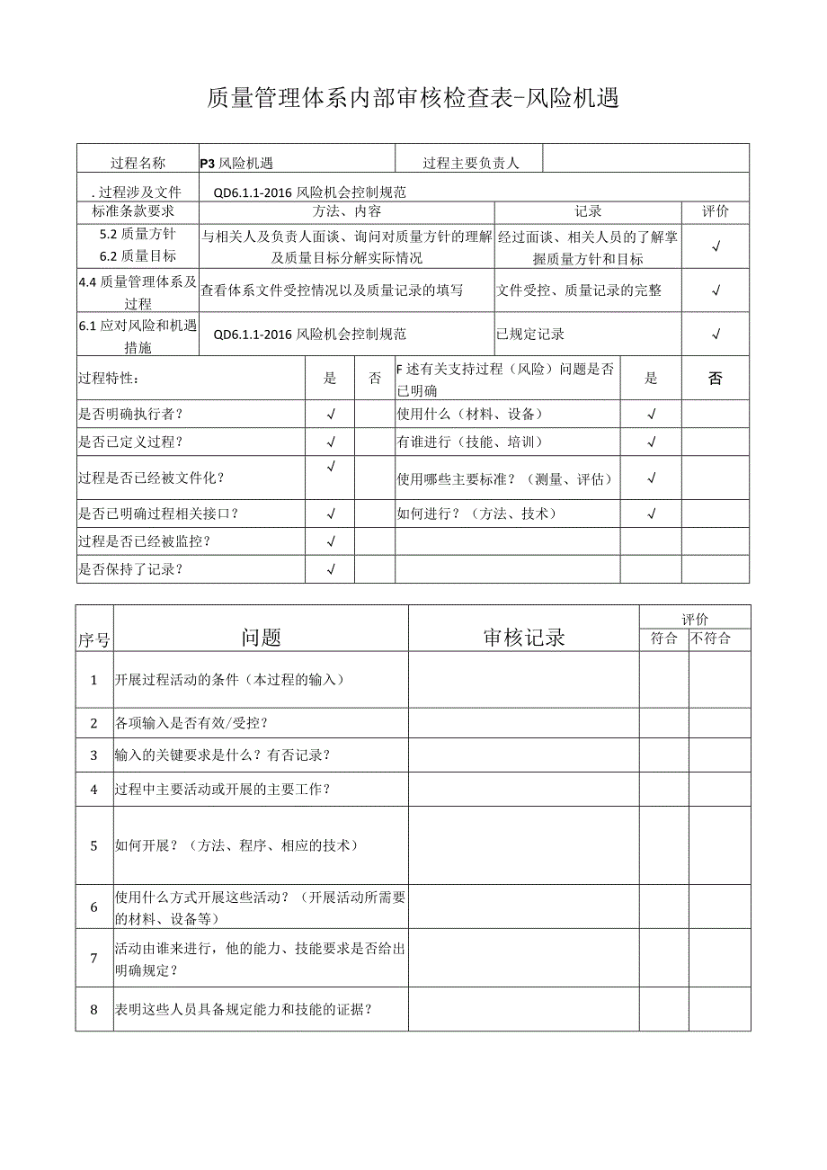 质量管理体系内部审核检查表P3风险机遇.docx_第1页