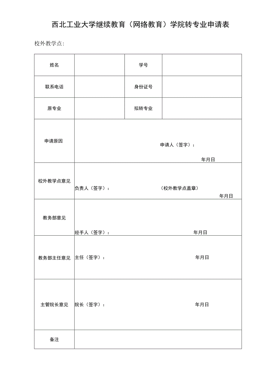 西北工业大学继续教育网络教育学院转专业申请表.docx_第1页