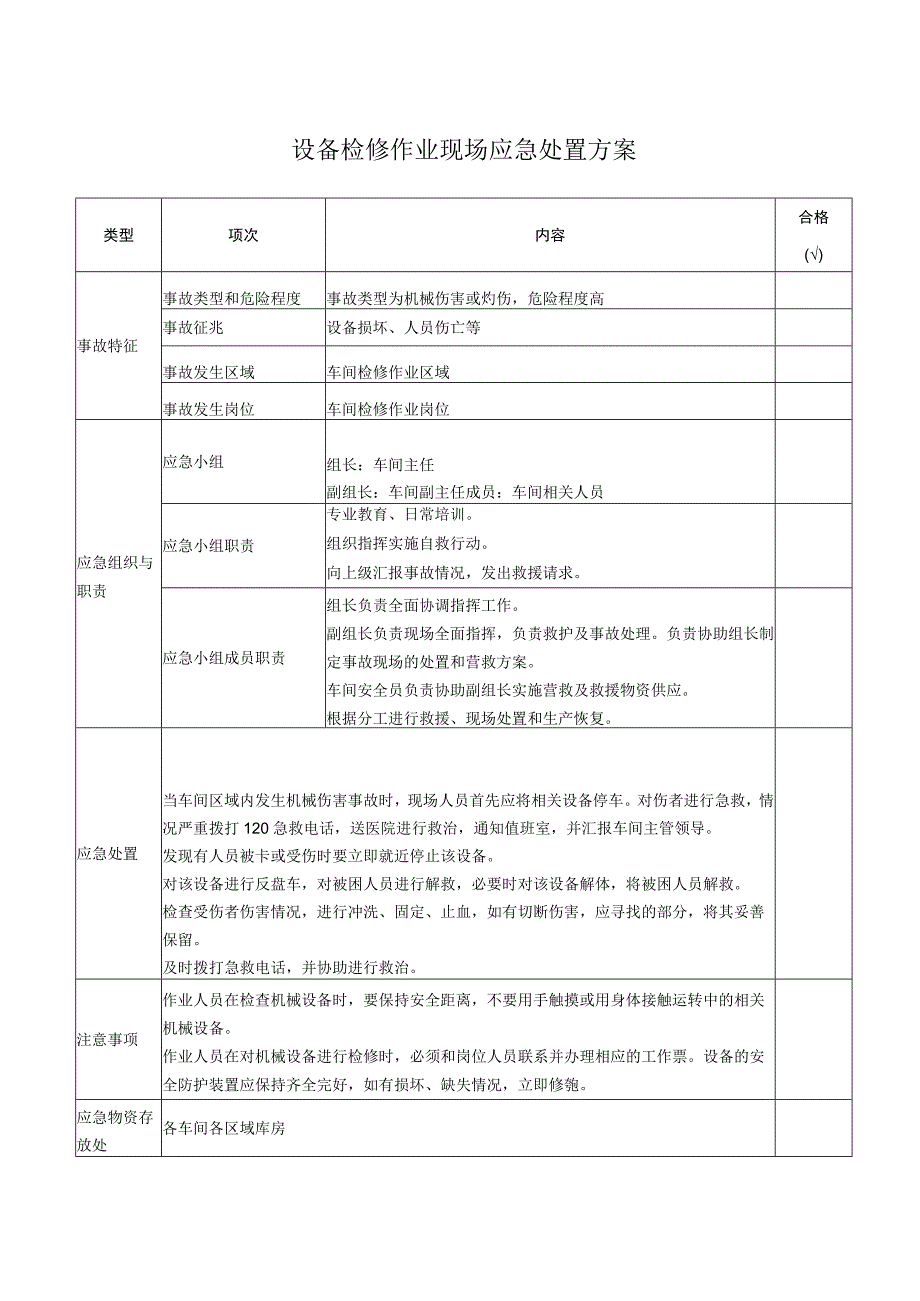 设备检修作业现场应急处置方案设备维修记录表.docx_第1页