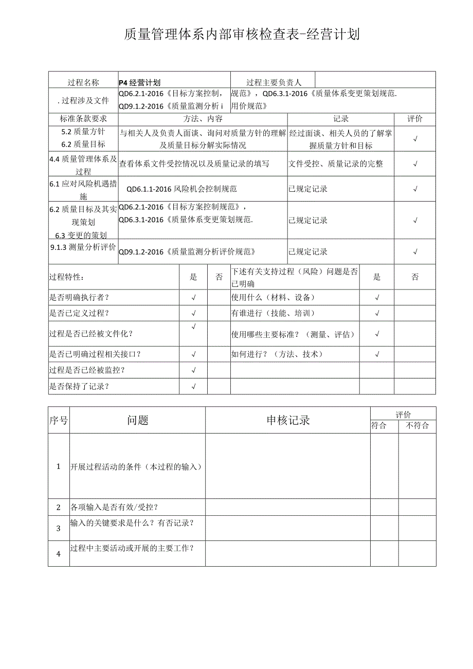 质量管理体系内部审核检查表P4经营计划.docx_第1页