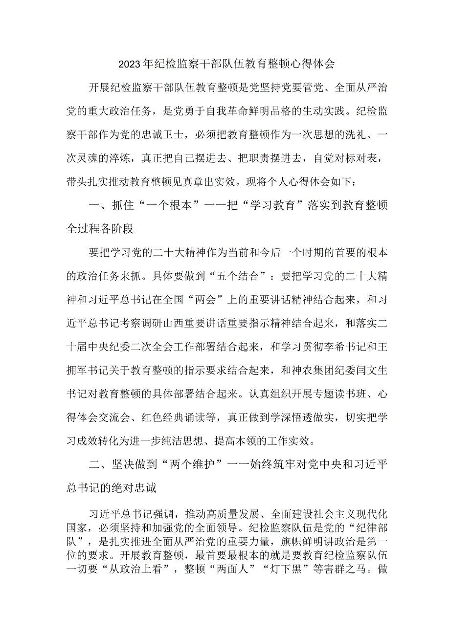 新版全市2023年纪检监察干部队伍思想教育整顿个人心得体会 （汇编8份）.docx_第1页