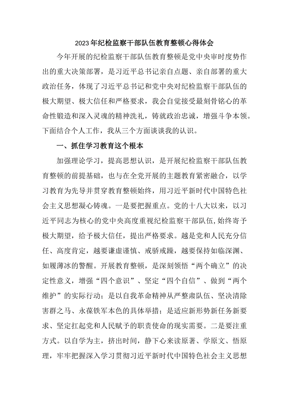 新版全市2023年纪检监察干部队伍思想教育整顿个人心得体会 （8份）.docx_第1页