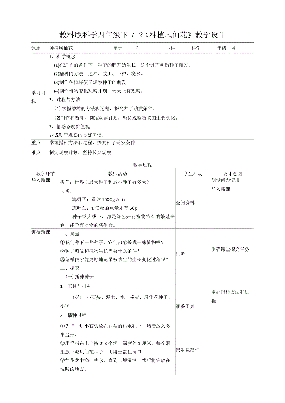 教科版四年级科学下册12种植凤仙花优秀教案2套.docx_第1页