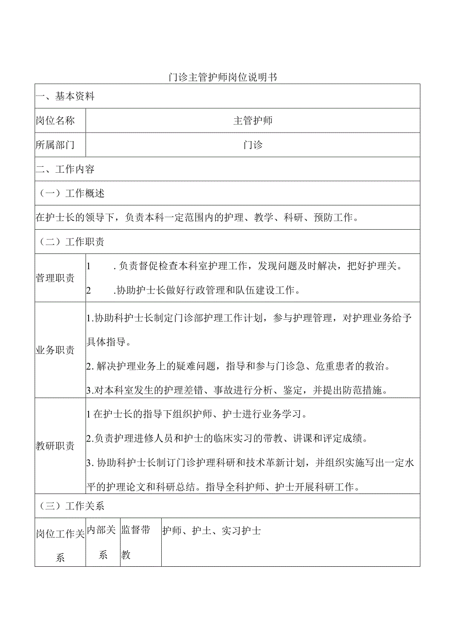 门诊主管护师岗位说明书.docx_第1页