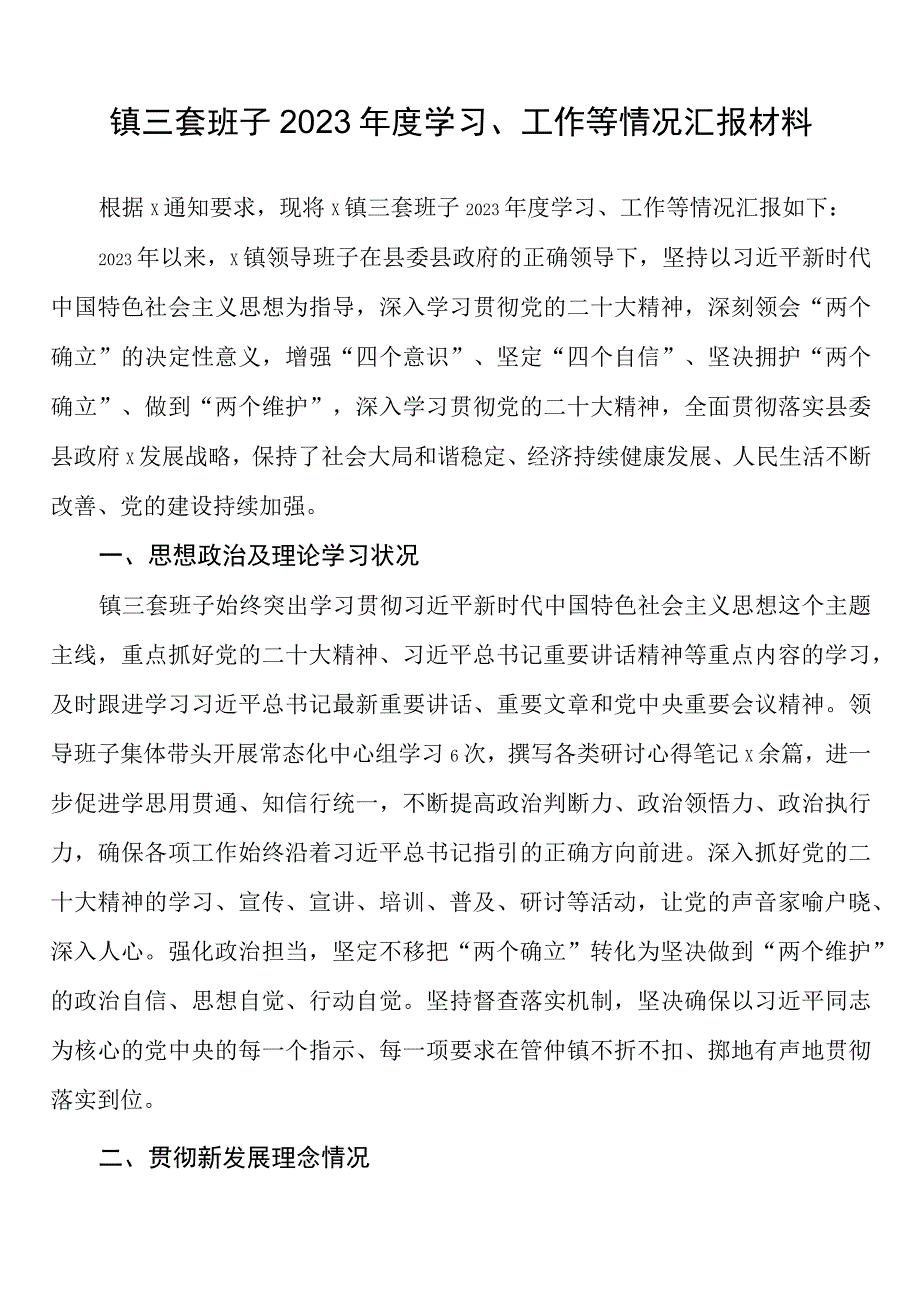 镇三套班子2023年度学习工作等情况汇报材料.docx_第1页