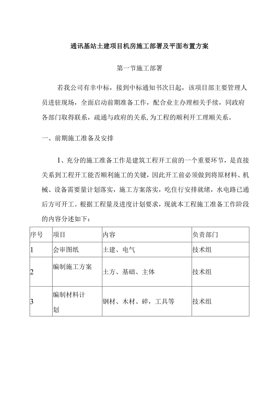 通讯基站土建项目机房施工部署及平面布置方案.docx_第1页