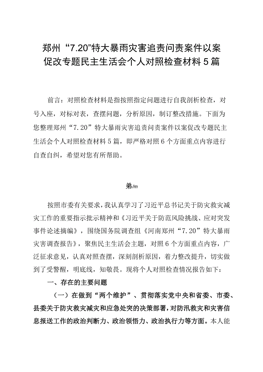 郑州720特大暴雨灾害追责问责案件以案促改专题民主生活会个人对照检查材料5篇.docx_第1页