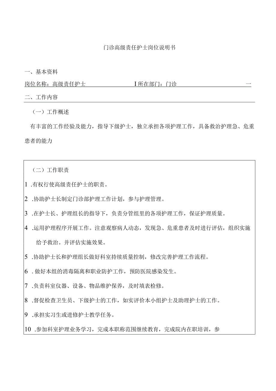 门诊高级责任护士岗位说明书.docx_第1页