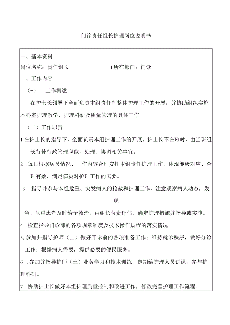 门诊责任组长护理岗位说明书.docx_第1页