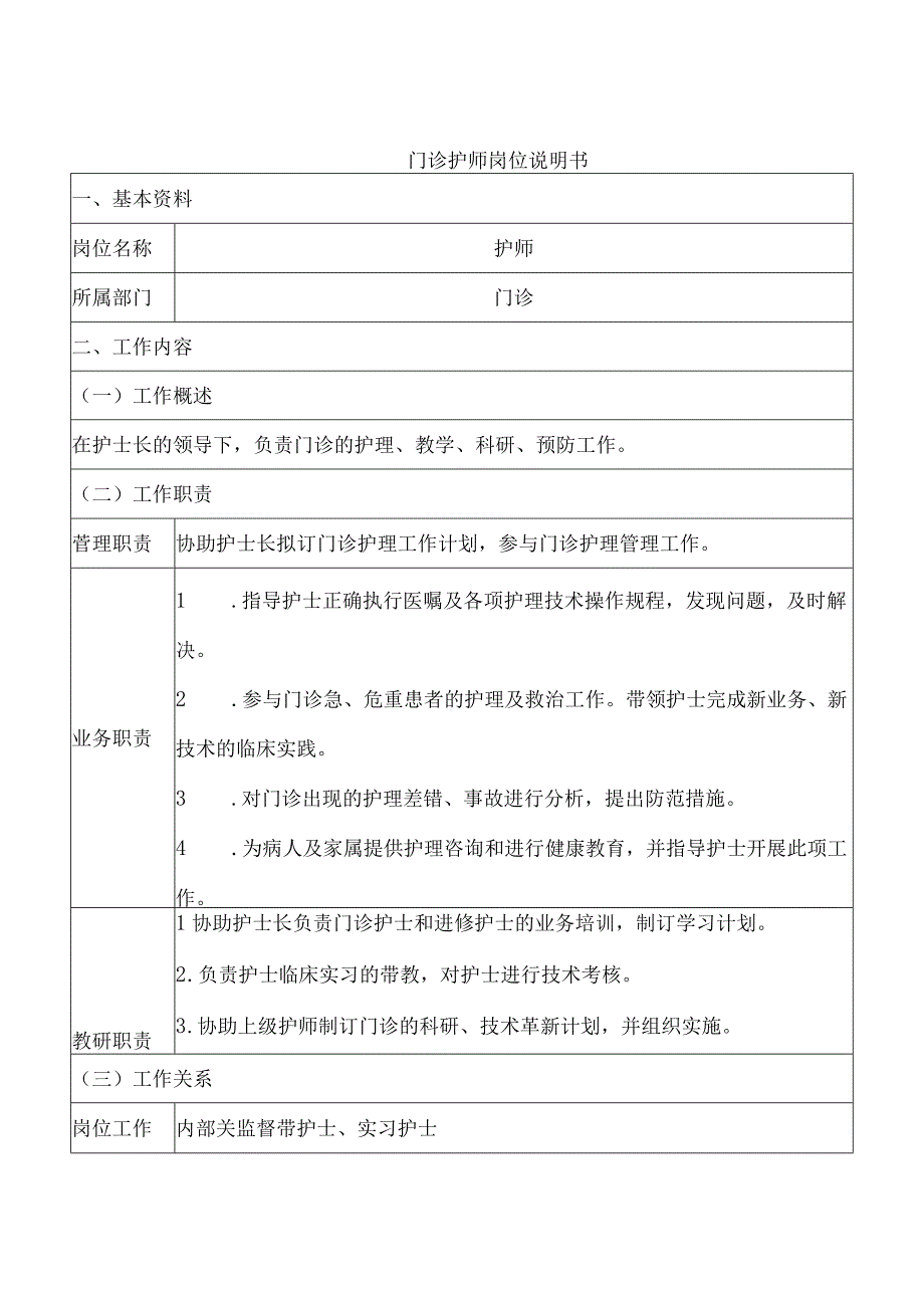 门诊护师岗位说明书.docx_第1页