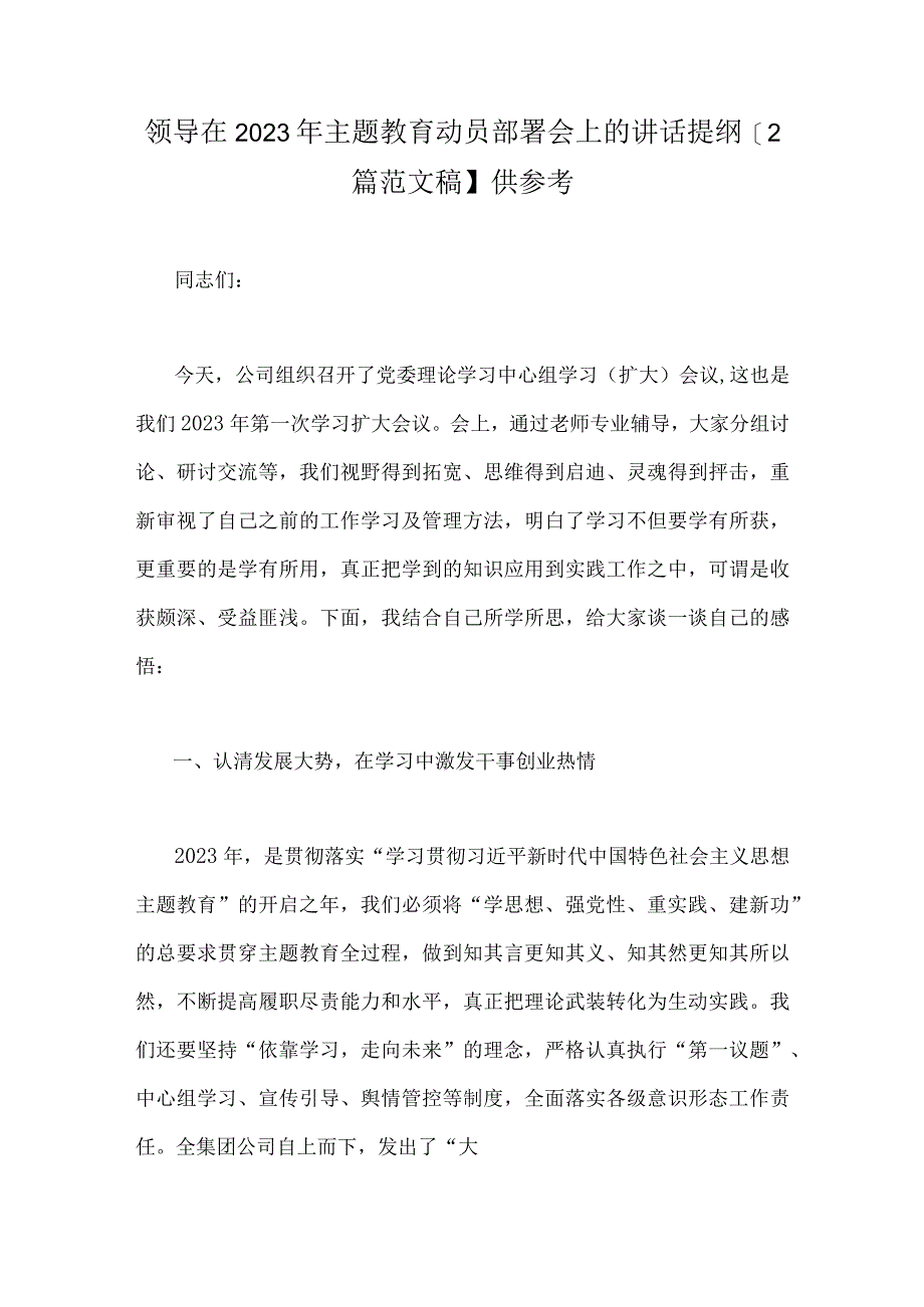 领导在2023年主题教育动员部署会上的讲话提纲2篇范文稿供参考.docx_第1页