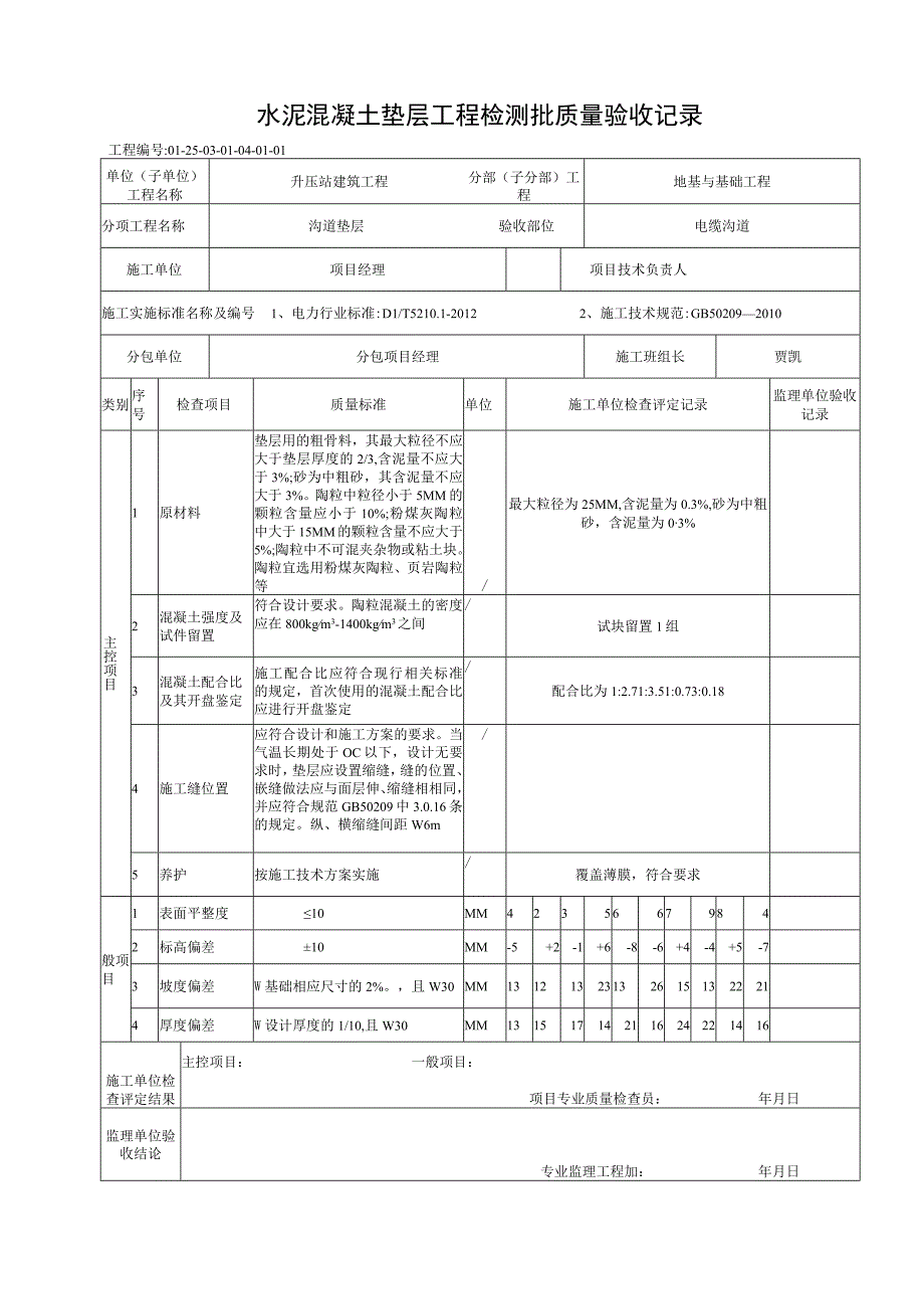 风电场升压站工程电缆沟水泥混凝土垫层工程检验批质量验收记录.docx_第1页