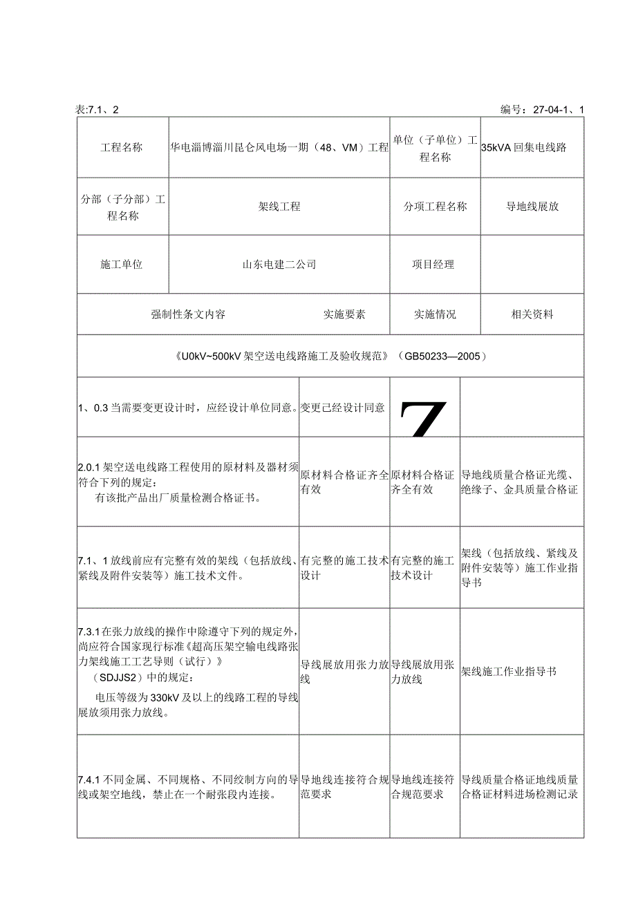 风电场架线工程开工前强制性条文执行记录表.docx_第1页