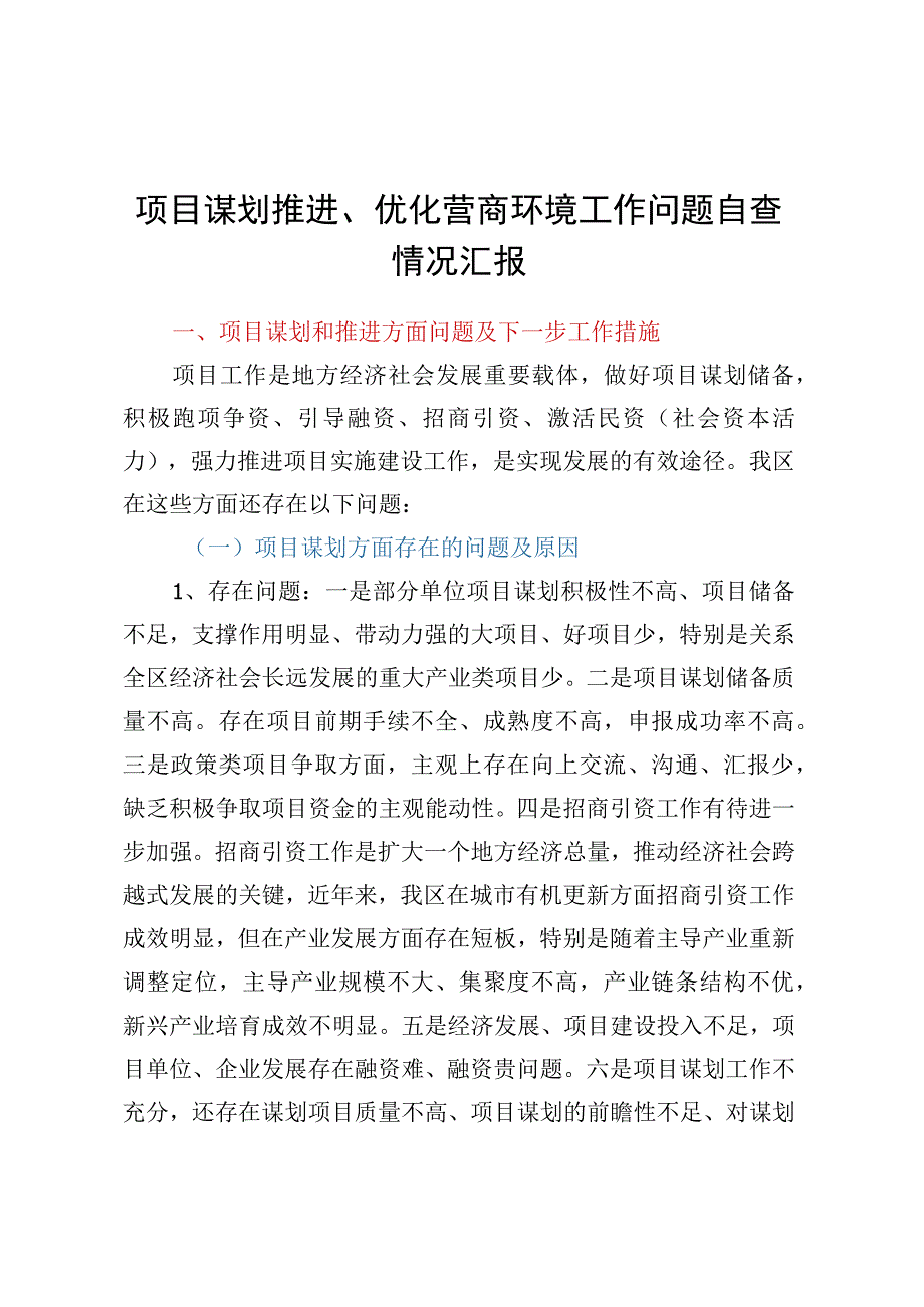 项目谋划推进优化营商环境工作问题自查情况汇报.docx_第1页