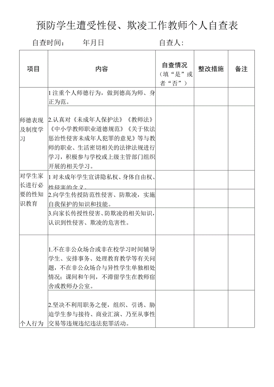 预防学生遭受性侵欺凌工作教师个人自查表.docx_第1页