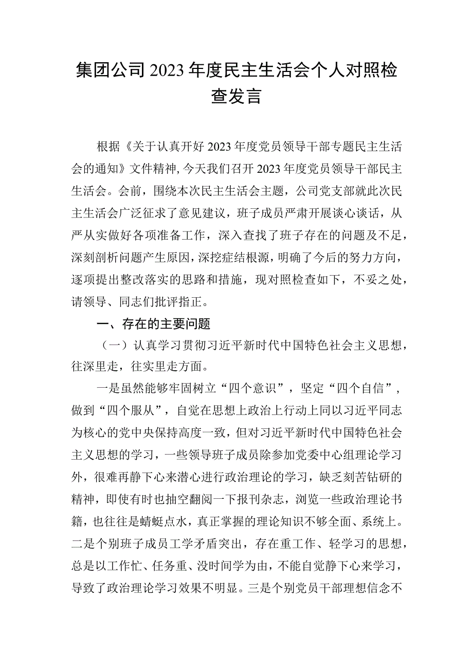 集团公司2023年度民主生活会个人对照检查发言.docx_第1页