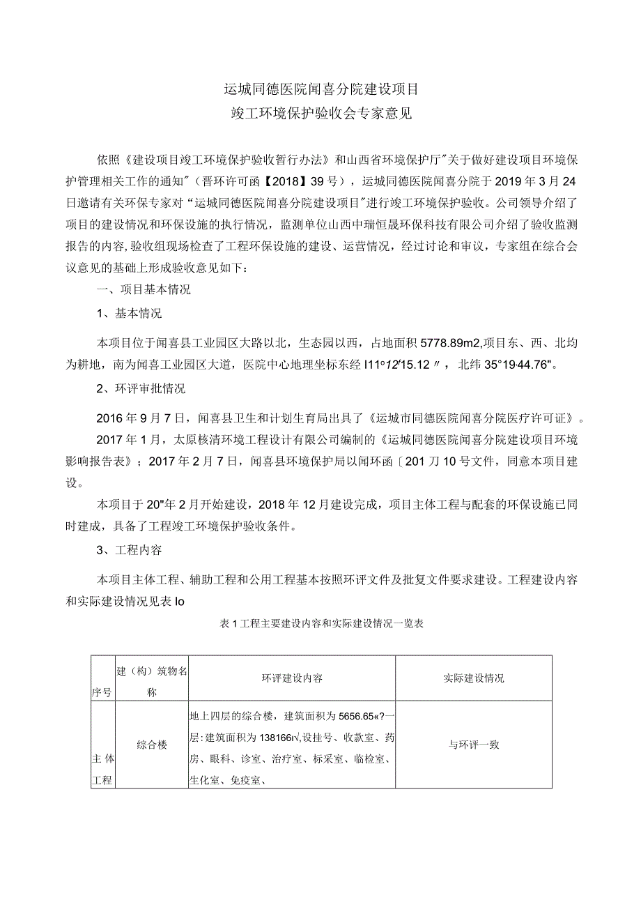 03运城同德医院闻喜分院竣工环保设施验收会专家意见.docx_第1页