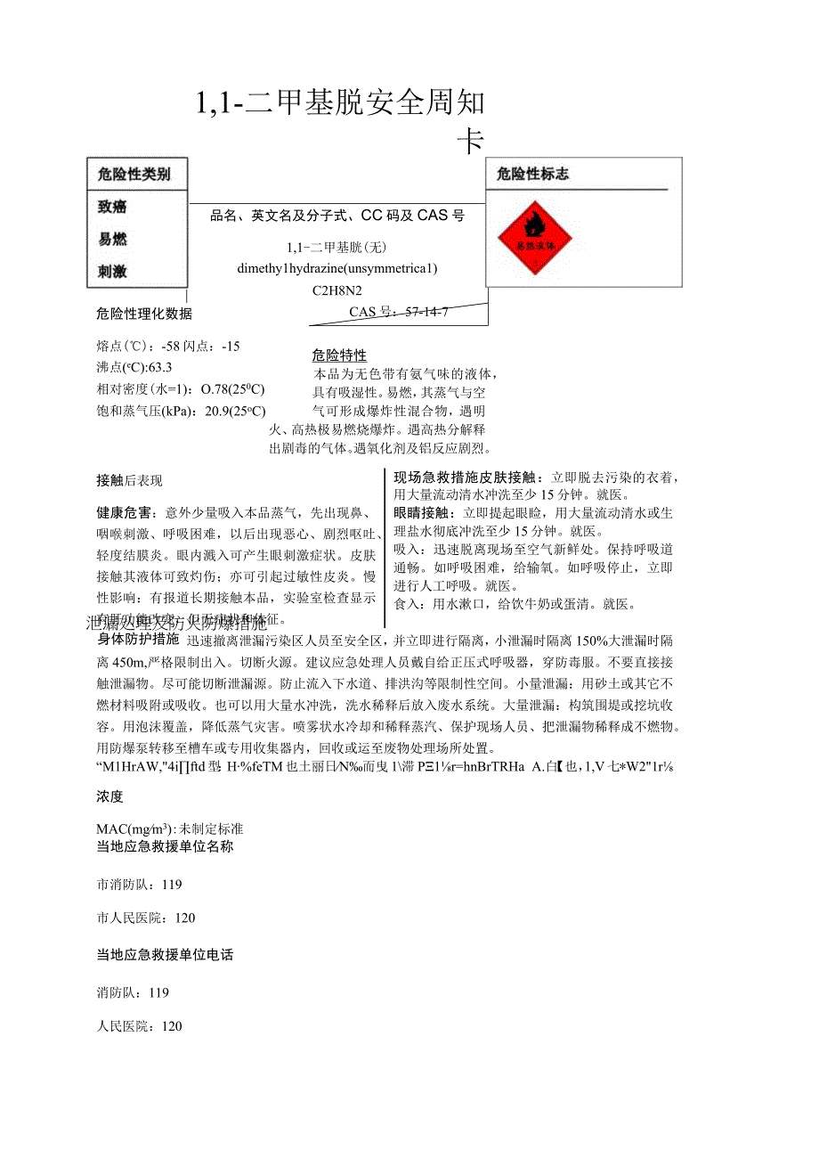 1,1二甲基肼安全周知卡职业危害告知卡理化特性表.docx_第1页