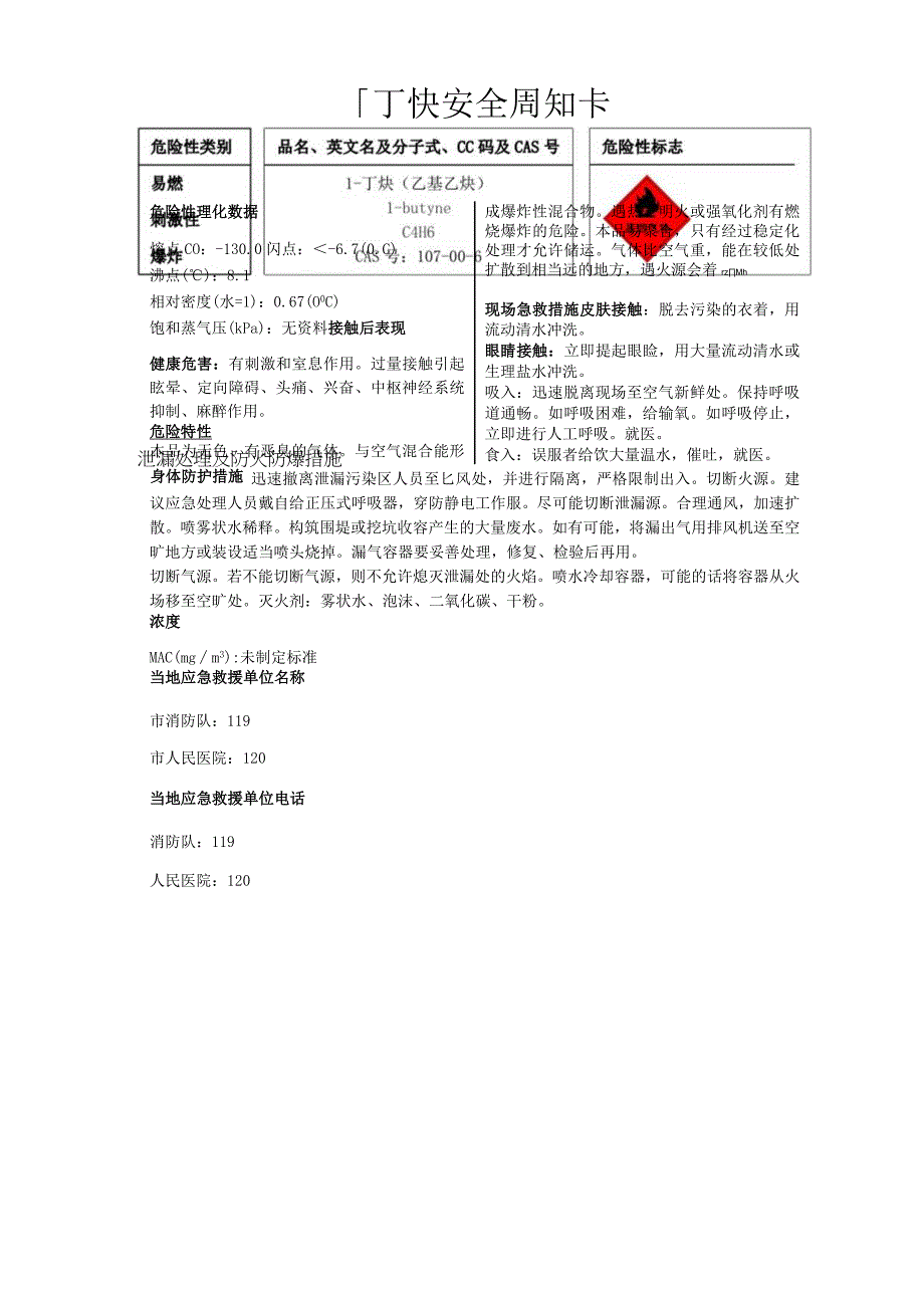 1丁炔安全周知卡职业危害告知卡理化特性表.docx_第1页