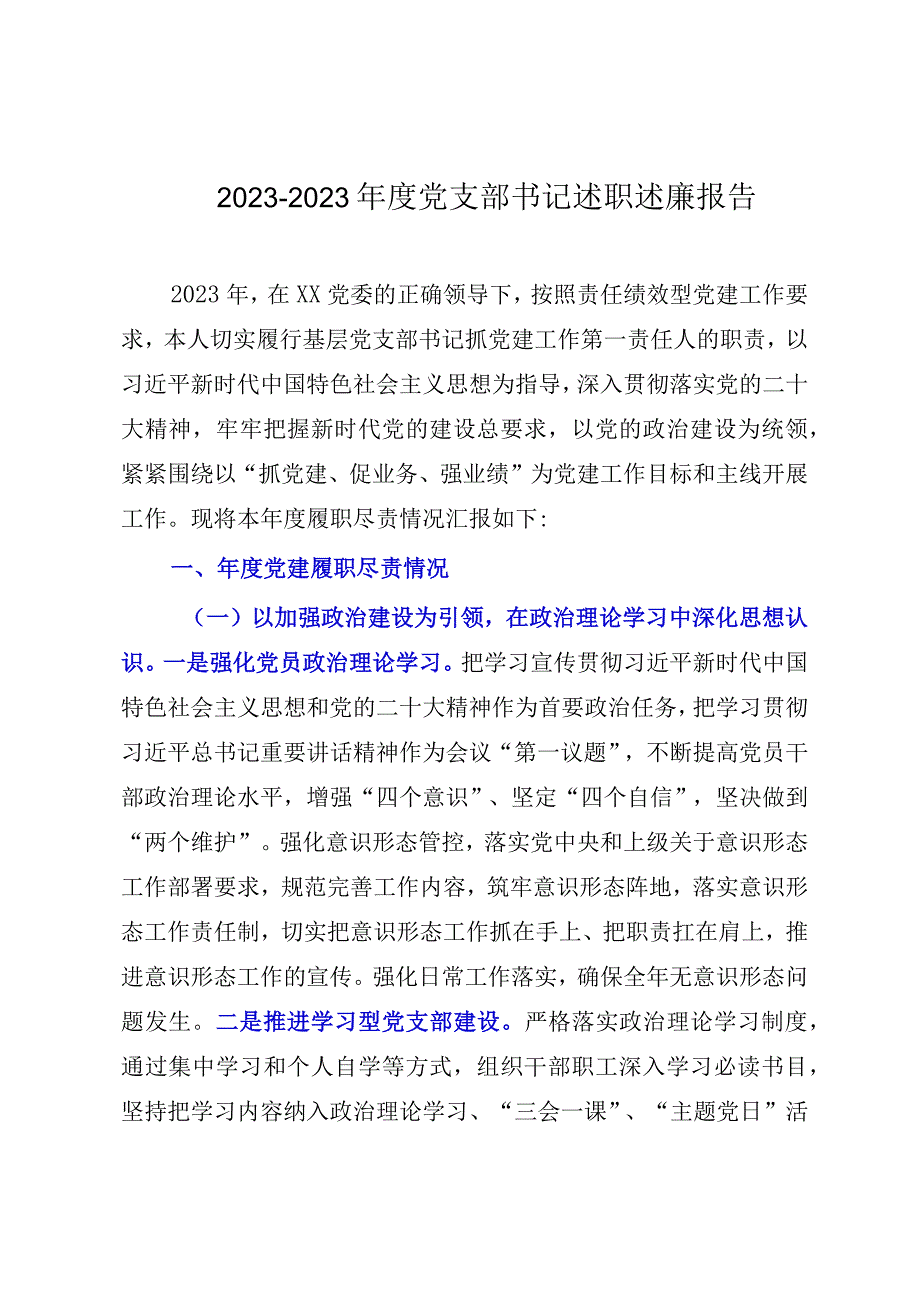 20232023年度党支部书记述职述廉报告.docx_第1页