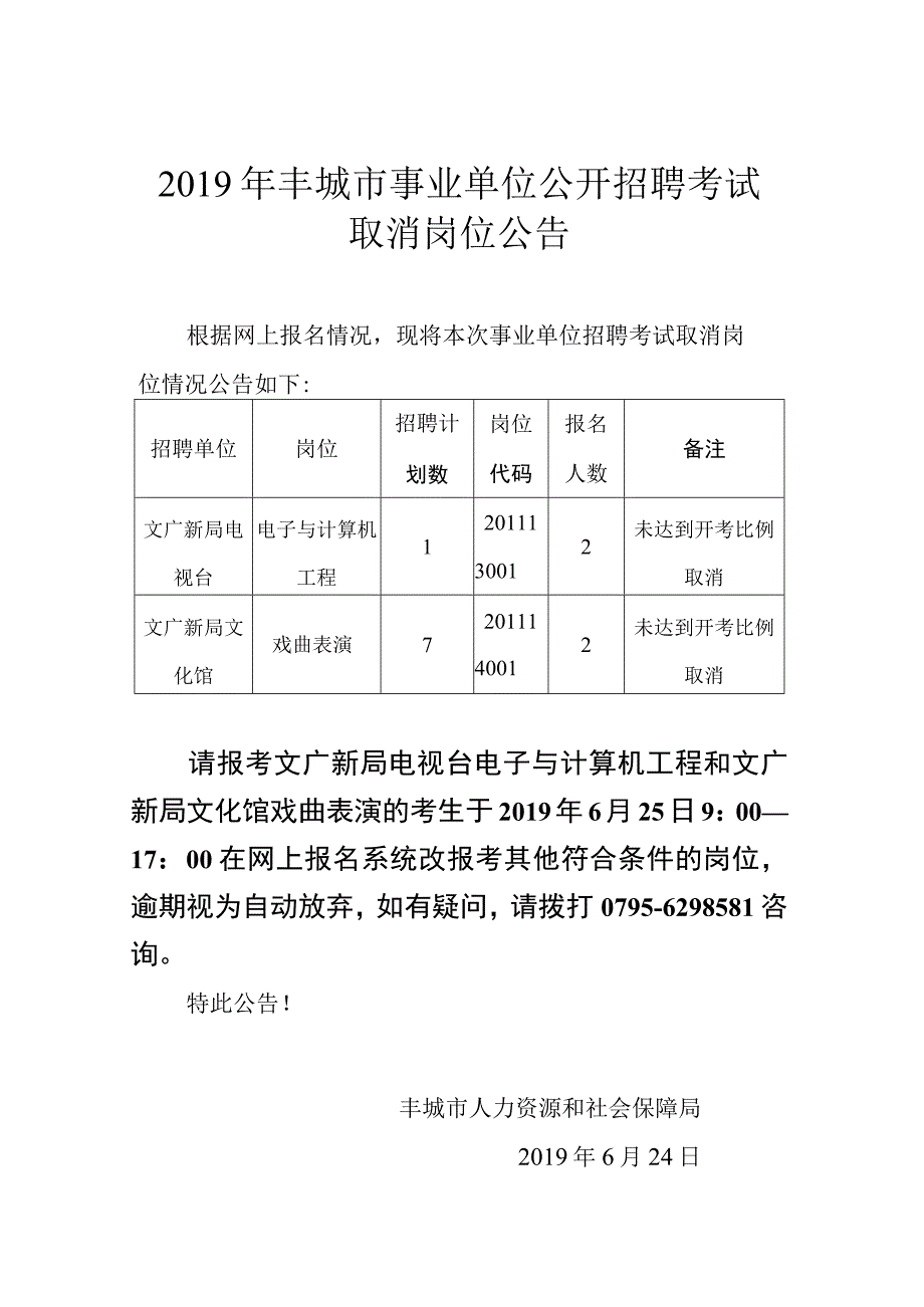 2015年丰城市事业单位公开招聘考试取消暨减少岗位公告.docx_第1页