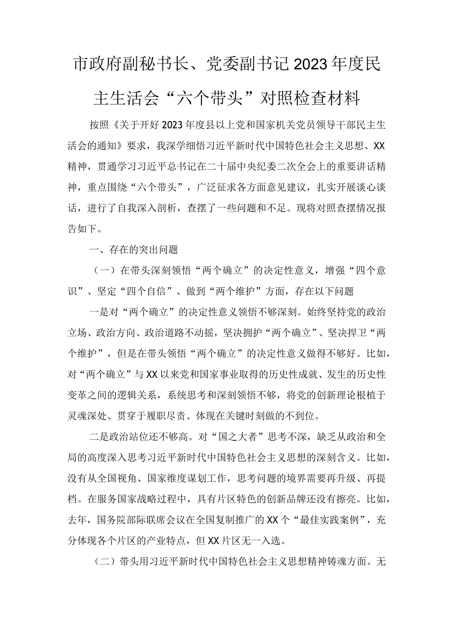 (2篇市政府副秘书长党委副书记2023年度民主生活会六个带头对照检查材料.docx_第1页