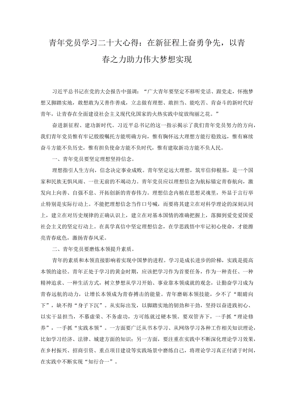 10篇2023年青年党员年轻干部职工学习党的二十大精神感想心得体会.docx_第1页